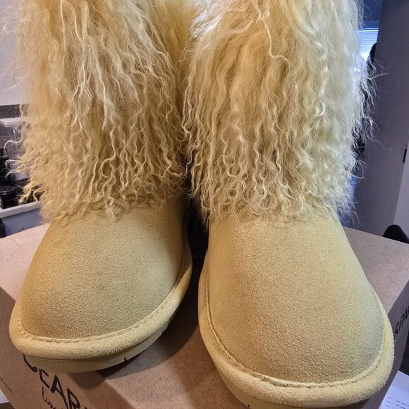 New Bearpaw Boo Boots Leather Suede Long Fur Sheepskin Women's Yellow Size 7 NEW - Picture 3 of 13